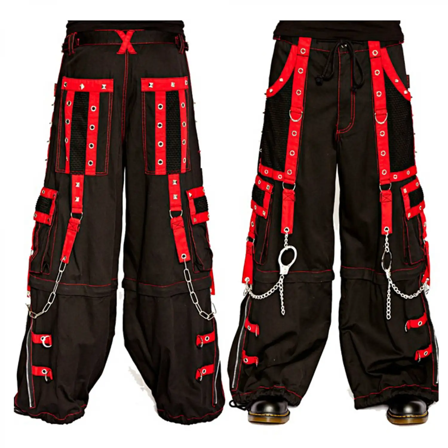 Men's Red Strap Gothic Punk Pants - Convertible Chain Trousers